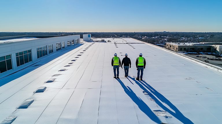 Roofing crew securing industrial roof with temporary fix after rain