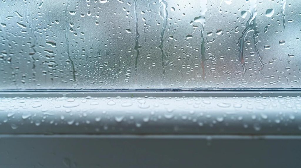 A close-up, photorealistic shot of a white uPVC window frame with heavy condensation covering the glass. Numerous small water droplets cling to the inside surface of the window, forming a dense, textured pattern. Along the bottom edge of the glass, moisture has pooled and begun to run down onto the inner sill, creating a slightly uneven water line. Soft natural daylight illuminates the scene from outside, giving the glass a cool, muted tone. The background beyond the window is blurred and indistinct, emphasizing the condensation and interior frame details. The overall mood is cold, damp, and domestic, suggesting winter or poor ventilation indoors.